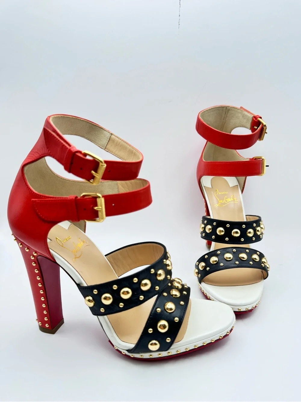 Christian Louboutin Decodame 120 Studded Red Black White Platform Sandals Sz 36